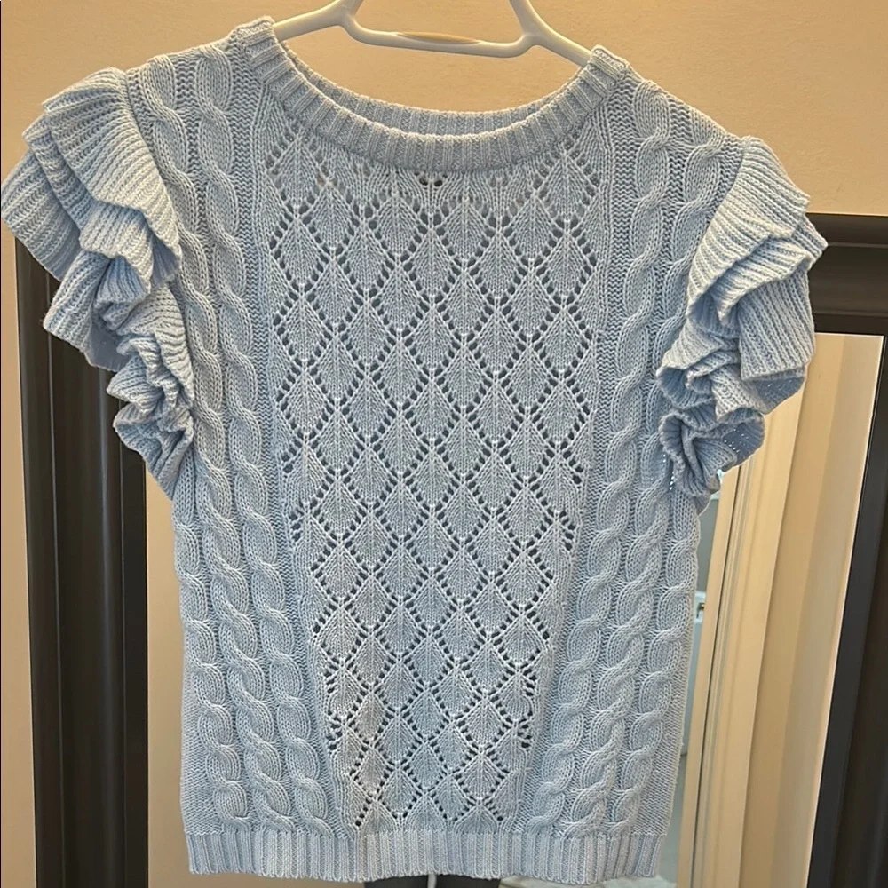 Light Blue Knit Ruffle Sleeve Top - Picture 4 of 8